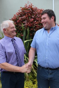 ITLUS President, Anthony Collins, congratulates Denis Dunne from Rathangan, Co Kildare who is the first recipient of the ITLUS/Rosenbohm farm internship in Missouri in the US. Denis will depart for the US in early August.